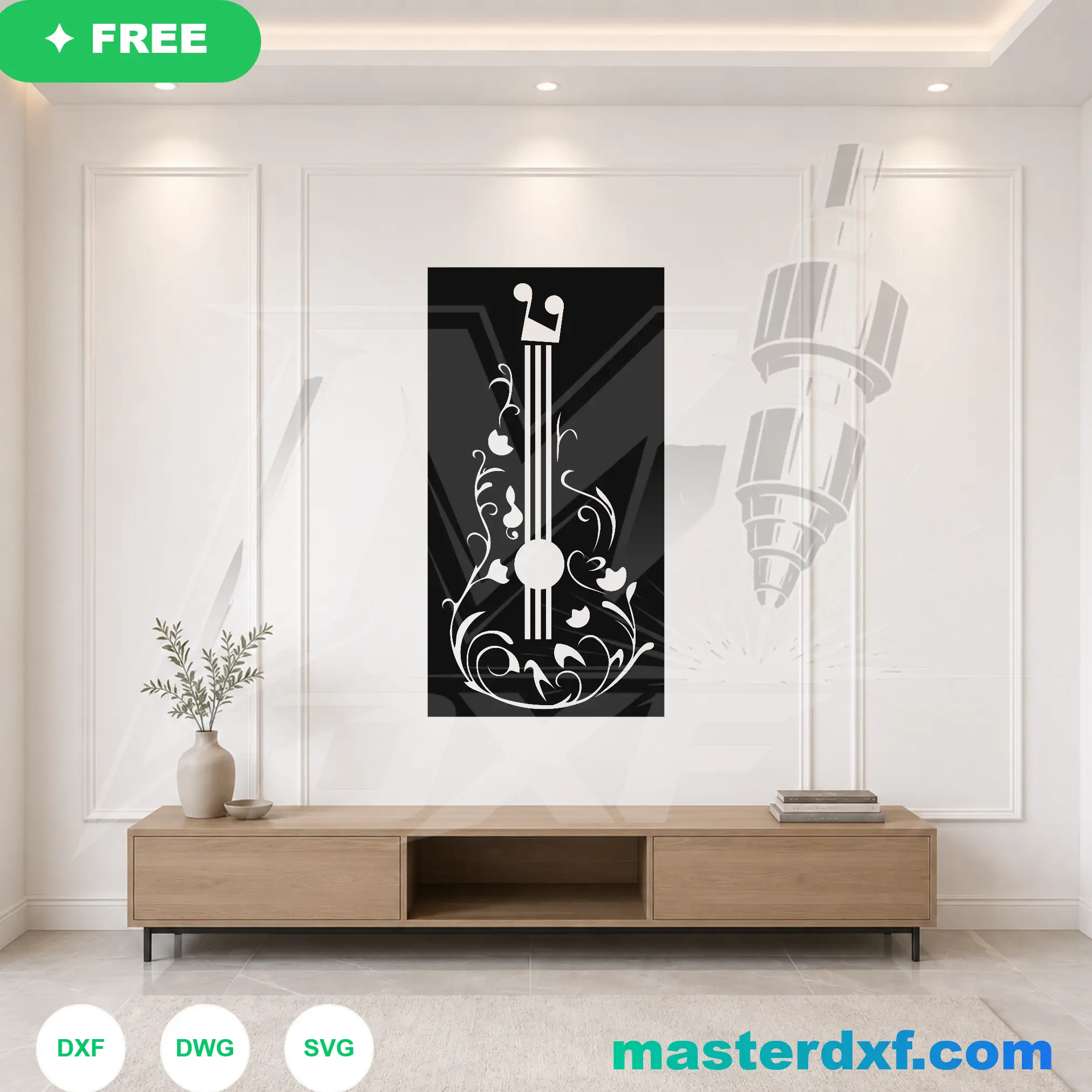 Acoustic Guitar Musical Floral Swirl Accent Panel DXF File
